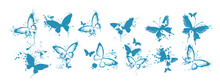 Silhouette Of Butterfly. Set Of Butterflies Of Different Shapes. Monochrome Blue Vector Illustration On White Background.