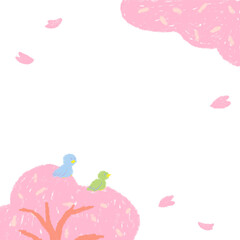 Wall Mural - A frame of cherry trees(sakura) with birds perched and dancing petals Cute hand-drawn illustration set of colored pencils/crayons / 鳥がとまっている桜の木と舞う花びらのフレーム 色鉛筆/クレヨンのかわいい手描きのイラストセット