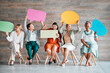 © Lumeez/peopleimages.com - Chat, social media and portrait of women with speech bubble for contact information on mockup. News, blank and people in business with a board for branding, hiring and conversation with company