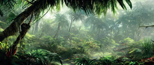 Tropical Vintage Botanical Landscape Illustration, Palm Tree, Vegetable Flower Border Background. Exotic Green Jungle Background And Wallpaper, Forrest, Rainforest, Plants And Nature Illustration