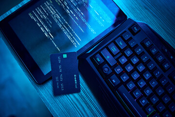 Fototapete - Information technology, hacking and credit card for cyber security crime, phishing and software on digital tablet. Html script, screen and fintech of data fraud, password and coding on dark neon desk