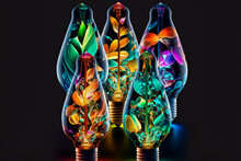 Bulbs Of Various Sizes And Shapes On A Black Background, For A Stylized Style And Bright Colors. Visually Modern And Impactful. Generative AI