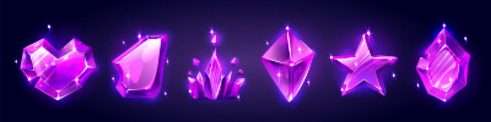 Wall Mural - game purple gemstone in shape of crown, star and heart. magic jewel lilac crystal or diamond icons, 