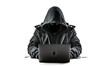 © Katynn - hacker in hoodie and  mask that hides his face works at laptop. PNG isolated on transparent background. Post-processed generative AI