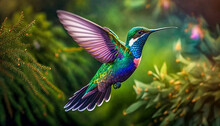 Flying Hummingbird With Green Forest In Background. Small Colorful Bird In Flight. Post-processed Generative AI
