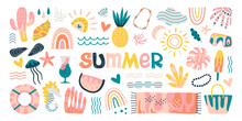 Summer Elements With Abstract Pattern Flat Icons Set. Flowers, Bushes And Leaves With Colorful Ornaments