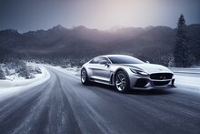 Luxury Car On Winter Road, Blur Mountains Background. Tires On Snow Highway. Generative AI