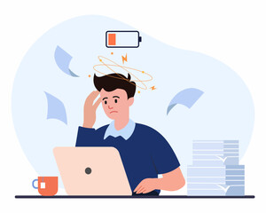 concept of overloaded working and needs battery recharge flat vector illustration.