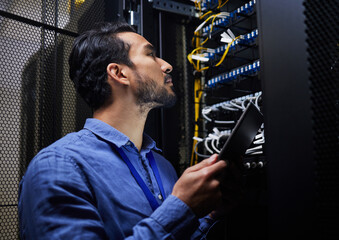 Poster - Tablet database, server room and engineer man looking at connection cables for maintenance or software update at night. Cybersecurity wire, it programmer and male with tech for data center networking