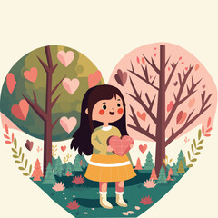 Sticker - Cute Girl Character In Hearts Shape Forest Background.