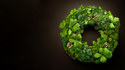 Canvas Print - 3D Render of Clover And Tropical Leaves Forming Wreath Against Dark Background. St. Patrick's Day Concept.