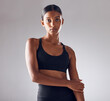 © T Mdlungu/peopleimages.com - Portrait, fitness and beauty woman isolated on studio background for health, wellness and training mockup. Confident indian person, athlete or model with sports fashion, workout and exercise for body