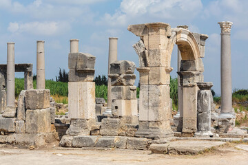 Sticker - Perge, or Perga is ancient Anatolian city in Pamphylia. Colonnade and ruined Demetrios Apollonios arch. Antalya region, Turkey (Turkiye). Travel and ancient history concept