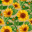 Beautiful seamless pattern with hand drawn lush Sunflowers flowers on a beige background. Vector illustration of Helianthus flower. Floral wildflowers elements for textile design