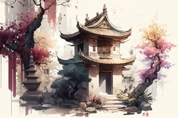 Eastern architecture is painted in watercolor. A building with a pagoda surrounded by flowering trees. Generative AI