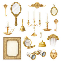 Set With Vintage Golden Mirror, Comb, Bell, Medallion, Gold Frame, Candles In Candlesticks, Binoculars, Watch And Keys Isolated On White Background. Watercolor Hand Drawn Illustration Sketch