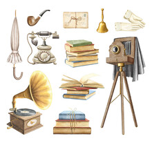 Set With Vintage Books, Letters, Umbrella, Gramophone, Smoking Pipe, Gloves, Bell, Tripod Camera And Telephone Isolated On White Background. Watercolor Hand Drawn Illustration Sketch