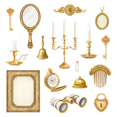 Set with vintage golden mirror, comb, bell, medallion, gold frame, candles in candlesticks, binoculars, watch and keys isolated on white background. Watercolor hand drawn illustration sketch