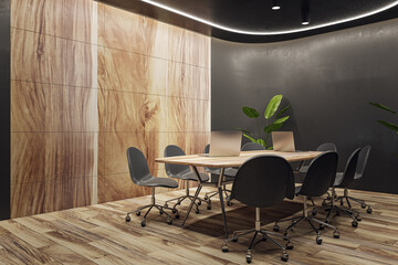 Wall Mural - Luxury wooden and black meeting room interior with equipment, furniture and decorative plants. Commercial workspace concept. 3D Rendering.