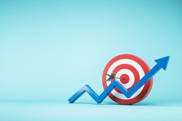 Canvas Print - target, aim and goals achievement concept with bullseye dart and blue growing up arrow on blank ligh