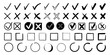 Doodle check marks. Hand drawn symbols for checking and voting, task list checkbox with cross and tick signs vector icons set. Examination round and square boxes for answers, choice
