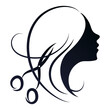 Profile of a beautiful girl with curls of hair and scissors of a stylist. Symbol for beauty salon and hairdresser