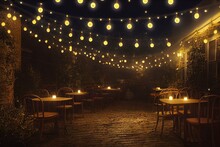 Photo Of String Lights Hanging In Restaurant Or Cafe In The Garden At Evening Time. Fashion Decoration With Bulbs For Night Summer Party. Outdoor Electric Lamps. Generative AI