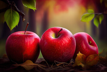 Wall Mural - Red apples in garden created with AI