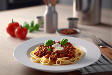 Spaghetti Bolognese On A White Plate, Pasta Dish, Nice Dinner And Meal, Generative Ai