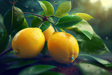 Wall Mural - Juicy lemons in garden created with AI