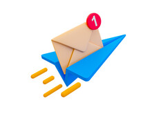 3d Minimal Online Message Sending. Online Chatting Icon. Quick And Fast Online Communication. Paper Rocket With A Envelop Icon. 3d Illustration.