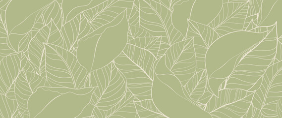 Botanical leaf line art wallpaper background vector. Luxury natural hand drawn foliage pattern design in minimalist linear contour simple style. Design for fabric, print, cover, banner, invitation.