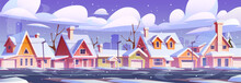 Cartoon Snowy Winter Street In Suburban Town. Vector Illustration Of Houses And Garages, Empty Road, Naked Trees Covered With Snow, Grey Sky With Clouds And Snowfall, Silhouettes Of City Buildings