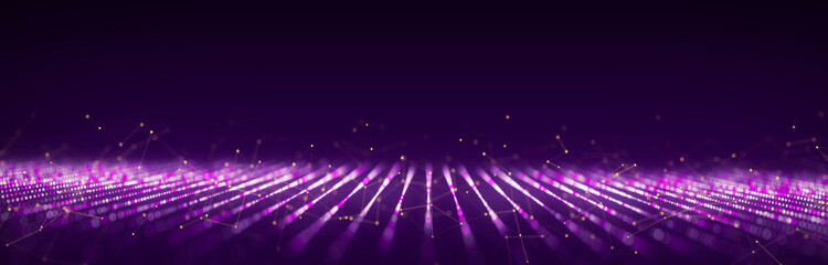 Perspective futuristic grid on purple background. Flow of glitter dots in digital cyberspace. Network connection structure. Cyber technology background. 3D rendering.