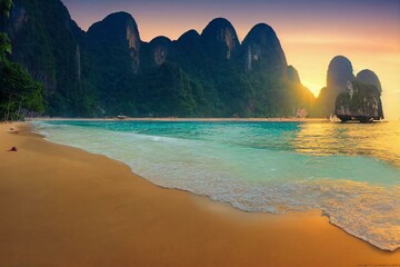 phra nang cave beach at sunset - tropical coast scenery of krabi - paradise travel destination in th