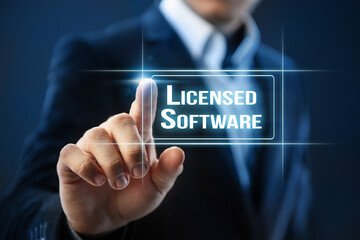 Licensed software concept. Businessman uses licensed software