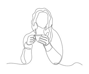 abstract girl without a face with a cup of coffee or tea, hand-drawn, continuous mono line, one line art, contour drawing