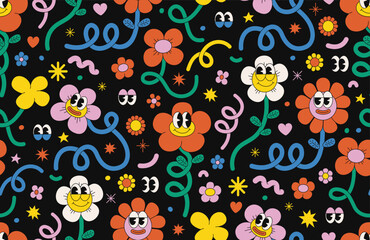 Wall Mural - Retro cartoon flower character seamless pattern. Groovy funky comic daisy flower with eyes and abstract cloud shapes in trendy retro cartoon style. Vector background with wavy spiral and loop element.
