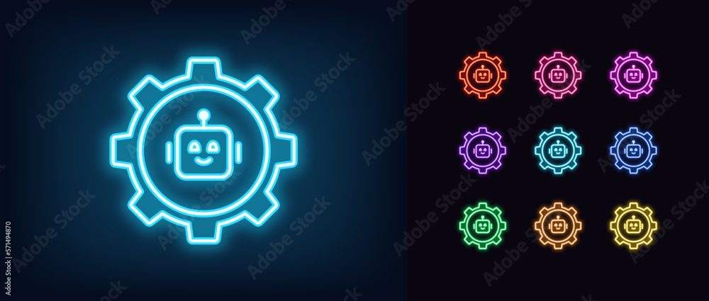 Outline neon bot settings icon set. Glowing neon gear wheel frame with ...