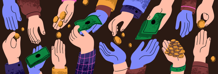 Cashflow, finance, economics concept. Hands exchanging, paying, giving, receiving banknotes, gaining coins, spending money. Cash flow, currency circulation. Financial flat vector illustration