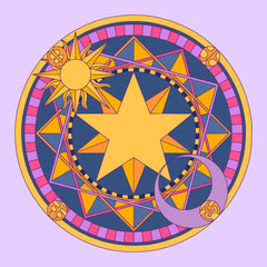 Ancient symbols of sun, moon, stars, perfect for stickers and instructions