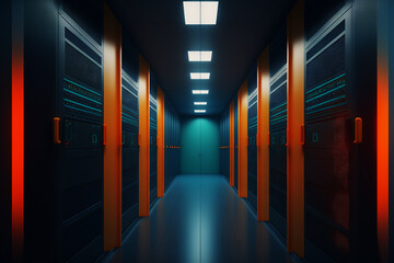 Fototapete - Dark servers data center room with computers and storage systems and orange blue glowing elements. Generative AI Imagery