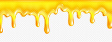 Realistic Melted Honey Or Oil Flow Isolated On Transparent Background. Vector Illustration Of Yellow Sweet Sticky Fluid Substance Splash Dripping Down Surface. Natural Food Product. Seamless Pattern