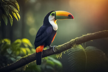 Toucan, bird with big bill. Toucan sitting on the branch in the forest.  Nature travel, Wildlife. Toucan tropical bird sitting on a tree branch in natural wildlife environment in rainforest jungle. ai