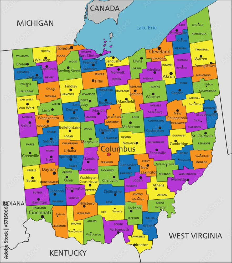 Colorful Ohio political map with clearly labeled, separated layers ...