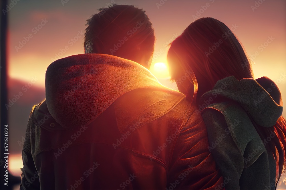 Generative AI illustration back view of young couple in warm clothes ...
