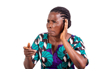 Poster - close-up of a beautiful African woman showing listening gesture.