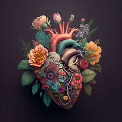 Human heart in flowers. Floral romantic anatomical heart. illustration