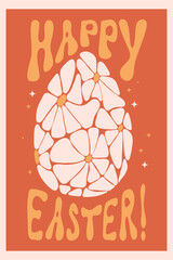 Wall Mural - Happy Easter retro Postcard. Easter egg from daisy flowers. Vector Illustration retro groovy pattern with hand drawn chamomile flowers. Aesthetic modern art. Hippie 60s, 70s, 80s style.