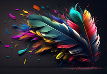 3d Abstraction Colorful Feathers Leave On Living Wall Wallpaper. Bright Color Seamless Pattern Peacock Feathers Background. Multicolor Feather Above On Hanging Wall Interior Mural Painting. Ai